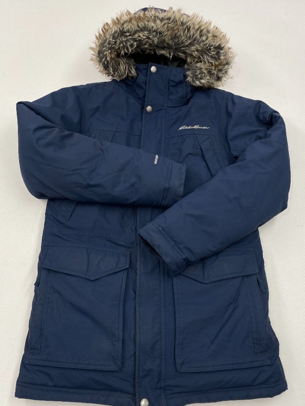 Eddie Bauer WeatherEdge Down Puffer Parka Jacket Blue Faux Fur Hooded Men’s S